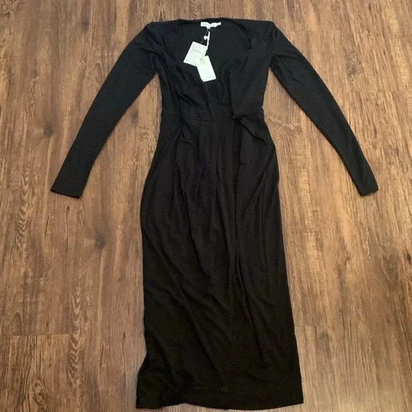 Good American Faux Wrap Dress Black Stretch NWT - Picture 2 of 13
